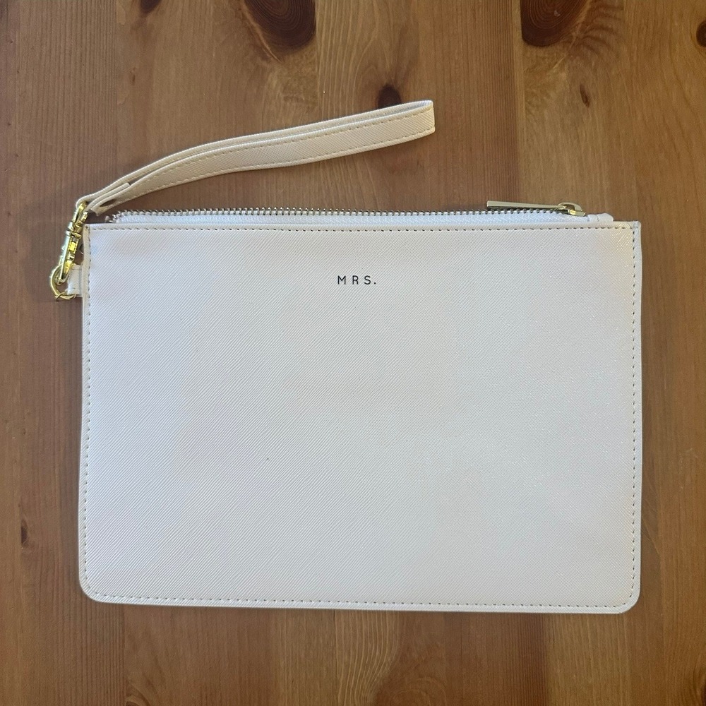 Katie Loxton Mrs. Saffiano Leather Wristlet Clutch Bag White Gold Bridal
